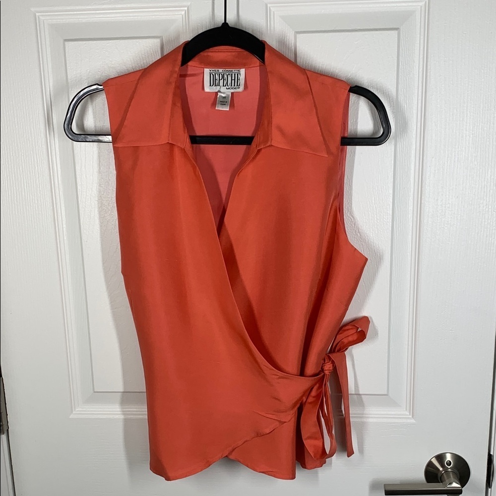 Yves Cossette Depeche Mode coral pink silk sleeveless wrap top size 14